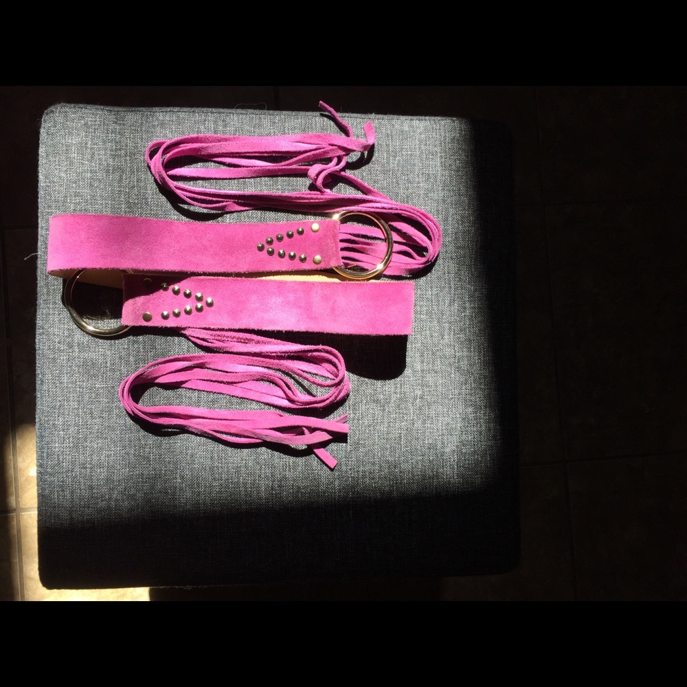 Magenta leather belt with tassel and gold trim
